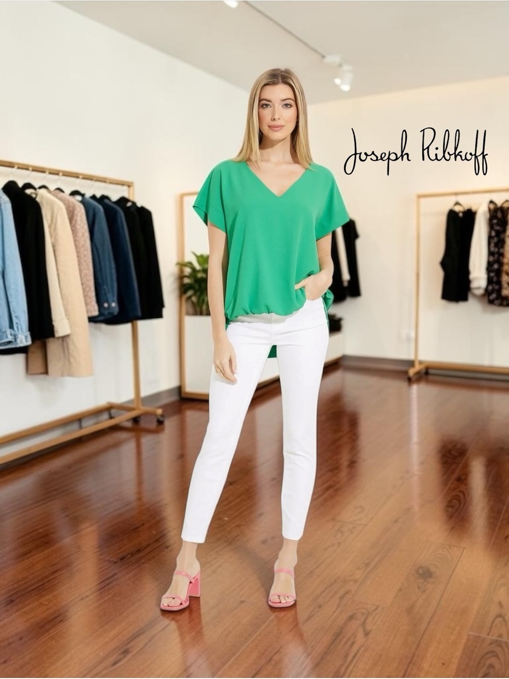 JOSEPH RIBKOFF, Green V-Neck Blouse Elastic Hem Draped Top, Size 12